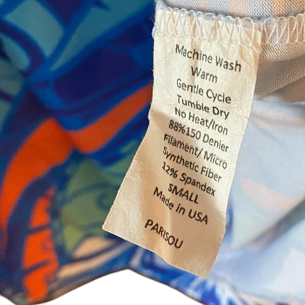 Parisou Sz S Blue Orange Jersey Knit ‘70s Vibe Pattern Shift Luxury Dress - Picture 6 of 6